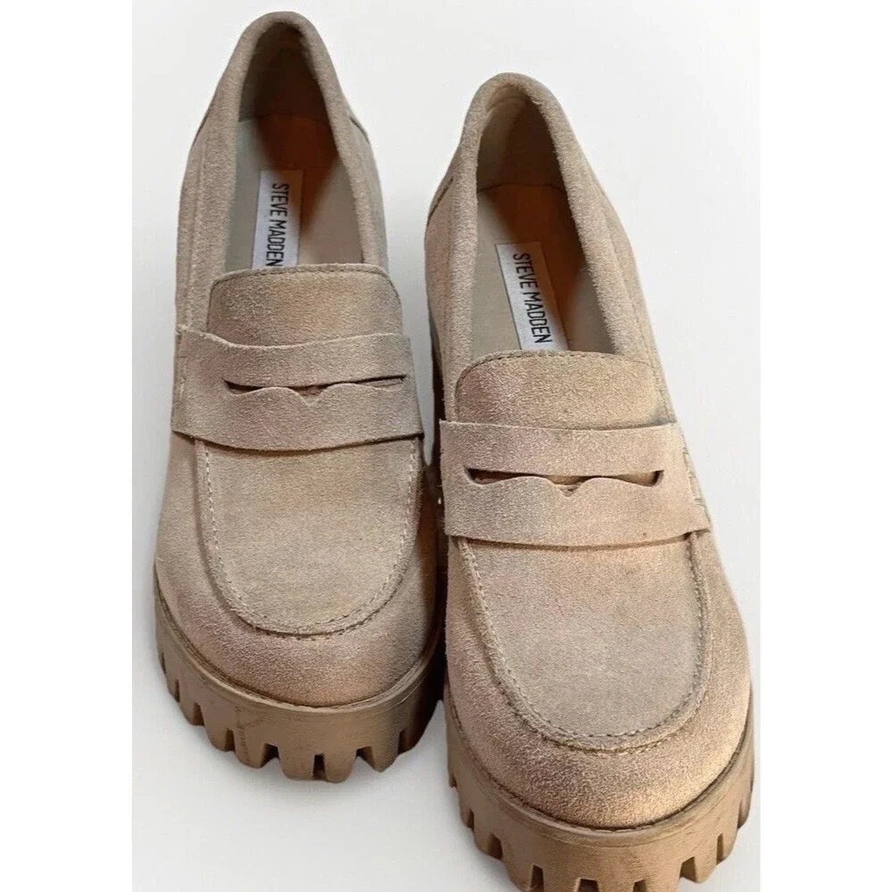 Steve Madden Binary Size 10 Tan Suede Platform Penny Loafers Y2K‎ Chunky